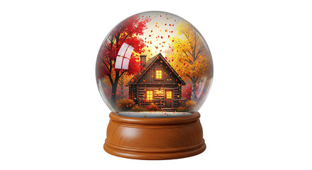 Cozy log cabin inside autumn-themed snow globe with falling leaves on transparent background