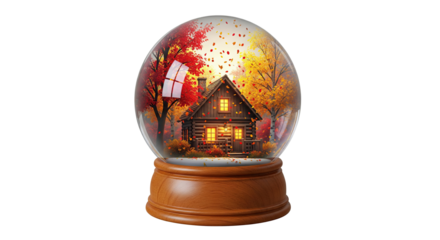 Cozy log cabin inside autumn-themed snow globe with falling leaves on transparent background