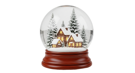 Snow-covered log cabin inside winter snow globe with pine trees on transparent background