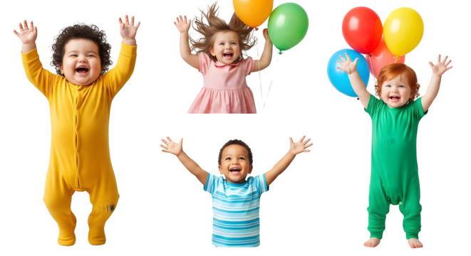 Group of happy children with colorful balloons png, transparent, white background, ai generated,