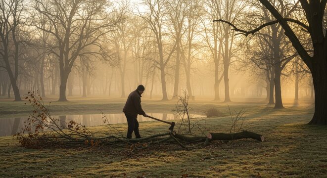 Lumberjack working in misty forest during dawn at tranquil park - Powered by Adobe