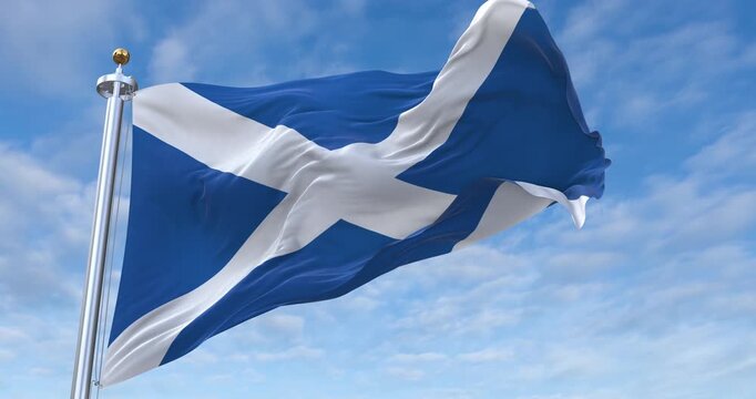 Scotland flag with flagpole waving in wind, rolling clouds background looping, 4K video (Perfect Loop)