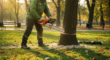 Obraz premium Tree cutting activity in a park during autumn with falling leaves