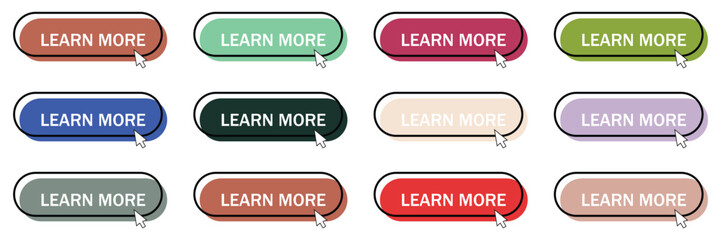 Learn More Button Icon Set – Modern Black and White Call to Action Elements for UI/UX and Web Design