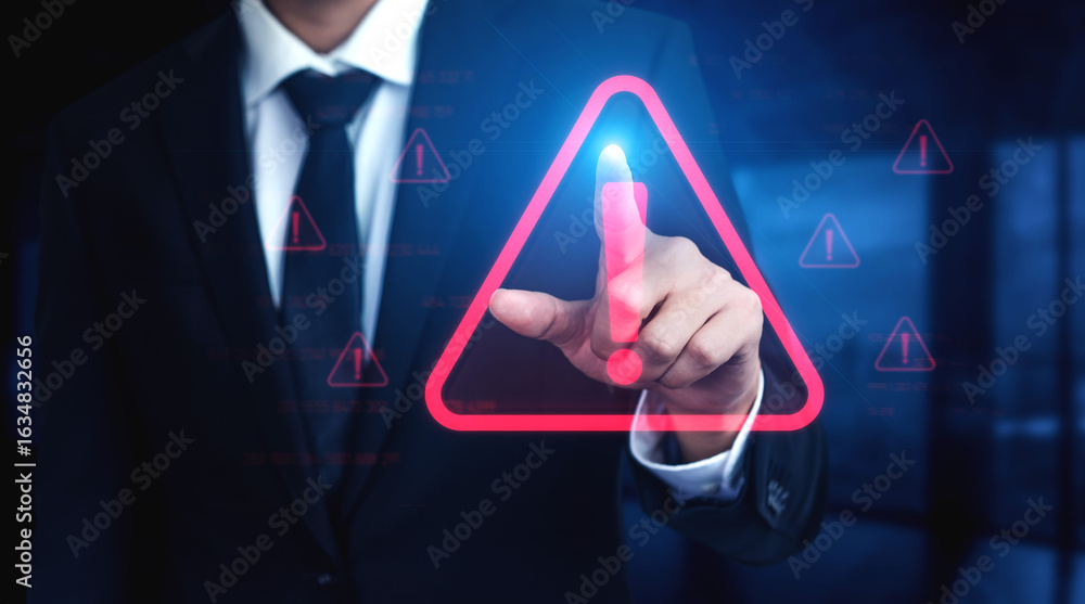 Poster cybersecurity alert warning showing red cyber for data breach, network threat, and cyber security sy