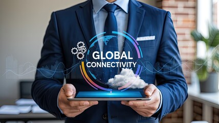 Businessman holding tablet with global connectivity graphic technology data