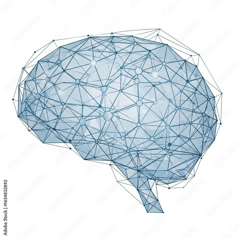Poster geometric representation of a human brain with interconnected lines and nodes on a clean white surfa