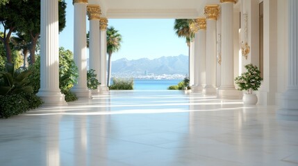 Obraz premium Luxury coastal architecture colonnade with sea view