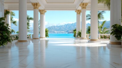 Fototapeta premium Classical architecture portal view of tropical sea and mountain landscape