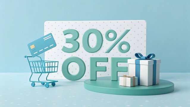 30% Off Sale Promotion - 3D render with shopping cart, credit card, and gift boxes.