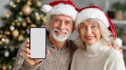 happy mature family couple in santa hats holding smartphone in hands using cell phone mockup white blank screen for ads on christmas tree background advertising mobile applications over shoulder view