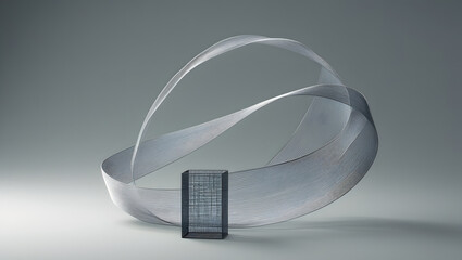artistic portrait photography of a delicate wireframe cube meticulously unraveling into a single continuous line, set against a soft fog-grey background, with the line gently curving and twisting .