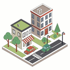 Isometric city street scene with buildings, houses, and trees in a detailed urban design