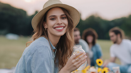 A joyful picnic scene unfolds in a sunny meadow: a family spreads a colorful blanket under a large tree, baskets open with fresh fruit, bread, and juice. Children laugh, chasing bubbles nearby...