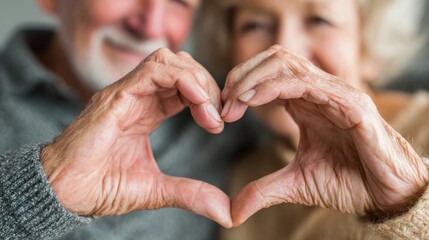 relationships love and old people concept  close up of senior couple showing hand heart gesture no logos no brands ar 169
