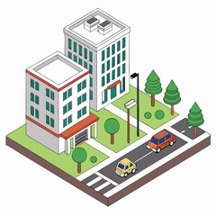 Isometric city street scene with buildings, houses, and trees in a detailed urban design