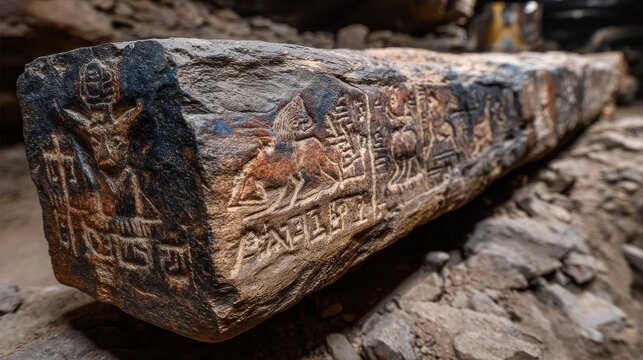 Ancient giant sloth bone adorned with shifting cave art of celestial navigation and hunting rituals.