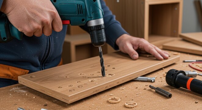Craftsman drills holes into wooden plank at workshop during daytime for project assembly - Powered by Adobe