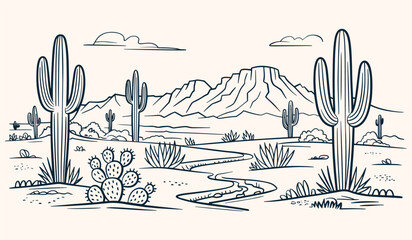 Hand-Sketched Vintage Western Desert Landscape – Black and White Ink Drawing with Cactus, Rocks, Mountains, and Dry Riverbed in Minimal Bold Line Art Style for Apparel and Vector Design Use