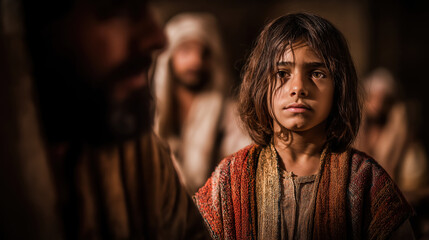 Young Joseph stands beside his father Jacob, wearing a bright coat with light filtering through tent fabric casting soft stripes on his face, while brothers exchange jealous glances behind...