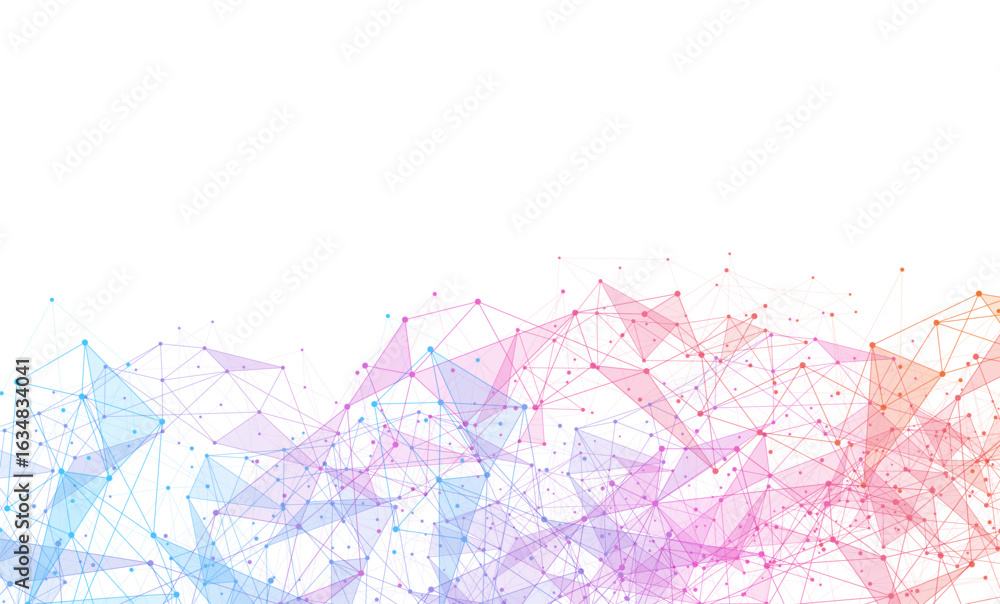 Poster gradient mesh of connected dots and lines forming a low poly digital network on white background, pe