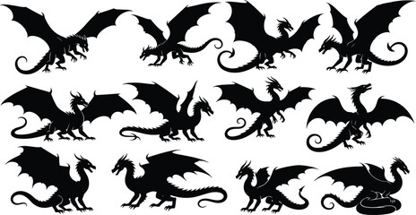 Dragon silhouette vector set, flying dragon illustration, mythical creature clipart, fantasy monster graphic, black winged beast design, medieval theme