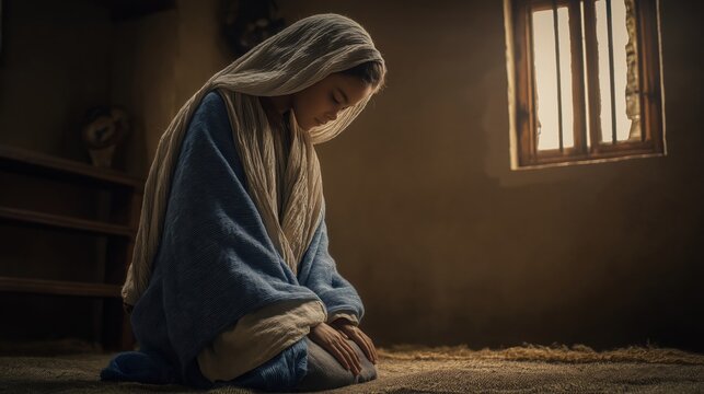Young Mary kneels alone in a humble Nazareth room, soft light from a small window bathing her in quiet prayer and gentle hope.