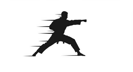 Silhouette illustration of a martial artist in attack pose, perfect for graphic projects, logos, gyms, and sports campaigns. 