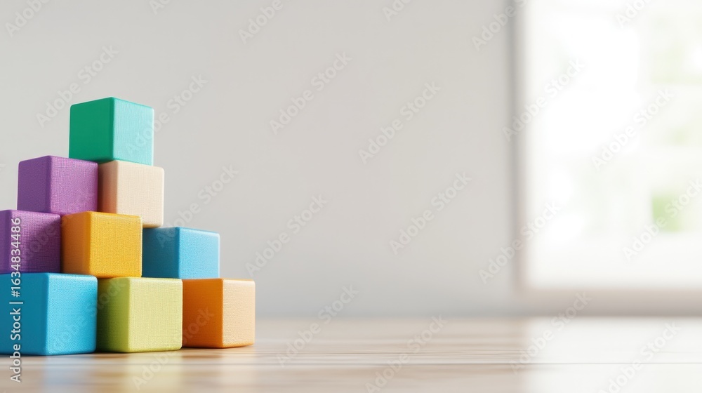 Aufkleber stack of colorful toy building blocks in pyramid shape on wood background
