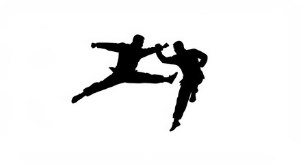 Silhouette illustration of a martial artist in attack pose, perfect for graphic projects, logos, gyms, and sports campaigns. 