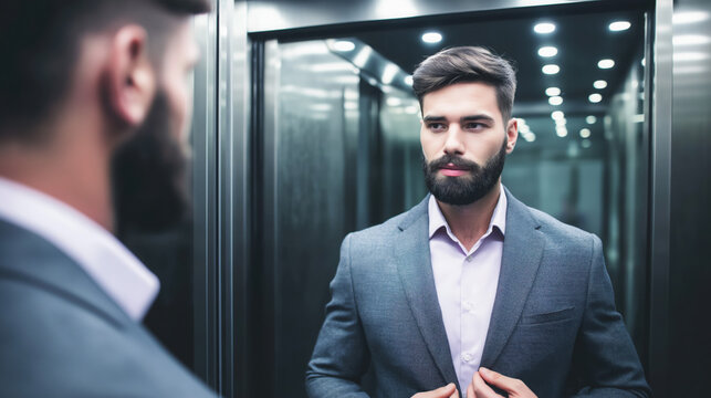 A young professional practices a product pitch in an elevator mirror, sharp suit details visible, with blurred building lights glowing behind...