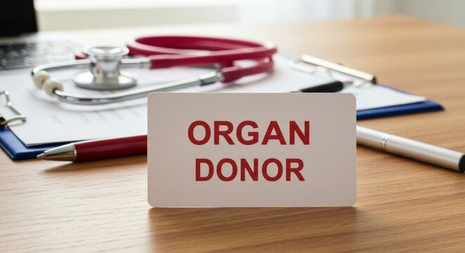 Organ Donor Card on Wooden Table with Medical Tools and Stethoscope in Hospital Office