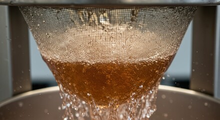 Brewed tea pouring through a fine mesh strainer into a silver pot