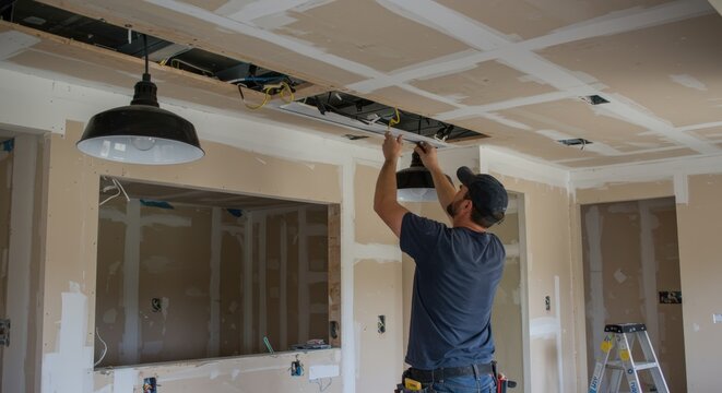 Electrician installs lighting in a modern kitchen during home renovation