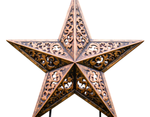 Ornate metal star decoration with intricate floral and scrollwork designs. Rustic cop isolated on a transparent background.