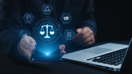 Futuristic digital law interface displaying justice scale, highlighting digital law, AI compliance,...