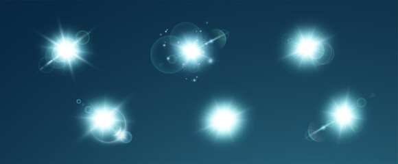 Set of realistic vector green stars png. Set of vector suns png. Green flares with highlights.	
