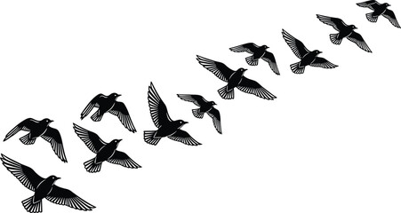 Flying birds silhouette illustration, flock in motion, freedom concept, migrating birds, black and white art for nature-themed designs