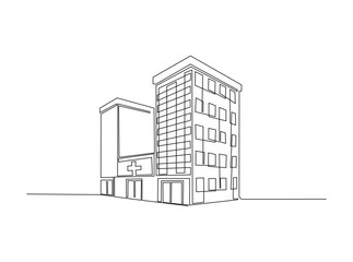 Hospital building in single outline illustration. Continuous line art drawing of Hospital building.
