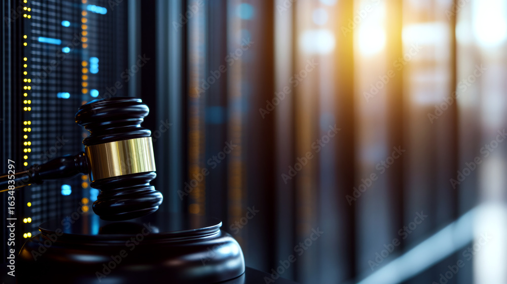 Poster a black gavel rests on a sound block in front of a digital data background with warm light. concept 
