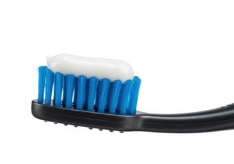 Toothbrush with blue bristles and white toothpaste. Cut out PNG