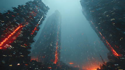Red binary code storm over futuristic skyscrapers in cyber city