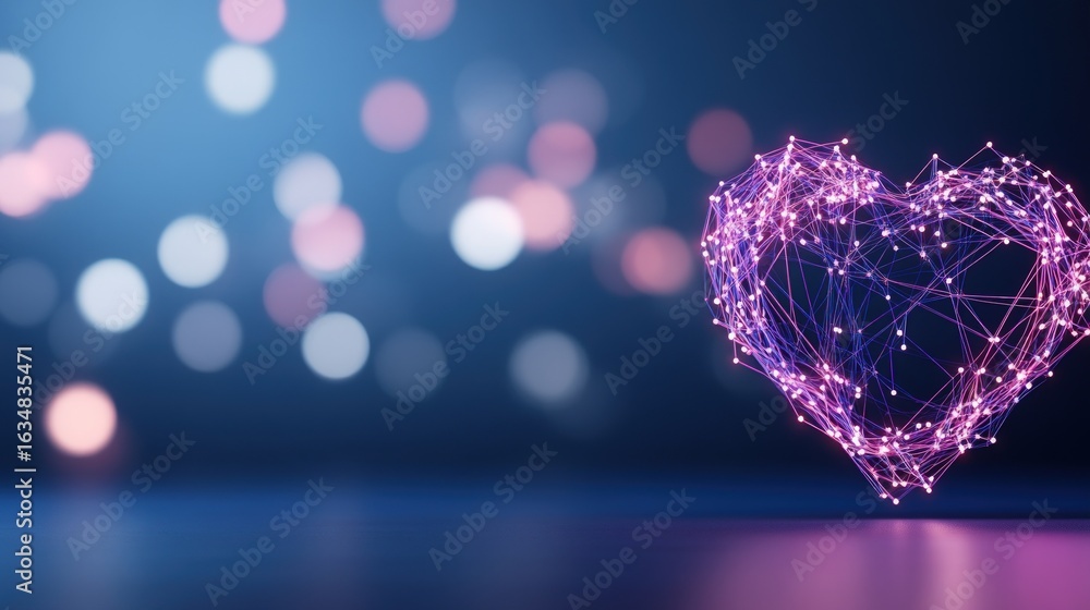 Poster digital heart network connection with bokeh background