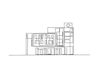 Hospital building in single outline illustration. Continuous line art drawing of Hospital building.