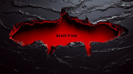 A jagged hole in a black surface reveals red light with "black friday" text. Concept of a dramatic shopping event.