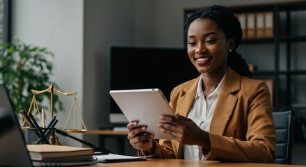 Successful American Female Lawyer Working on Tablet in Modern Office