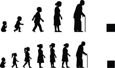 Human life stages evolution, baby to elderly, male and female aging silhouette, age progression concept, isolated black vector icons