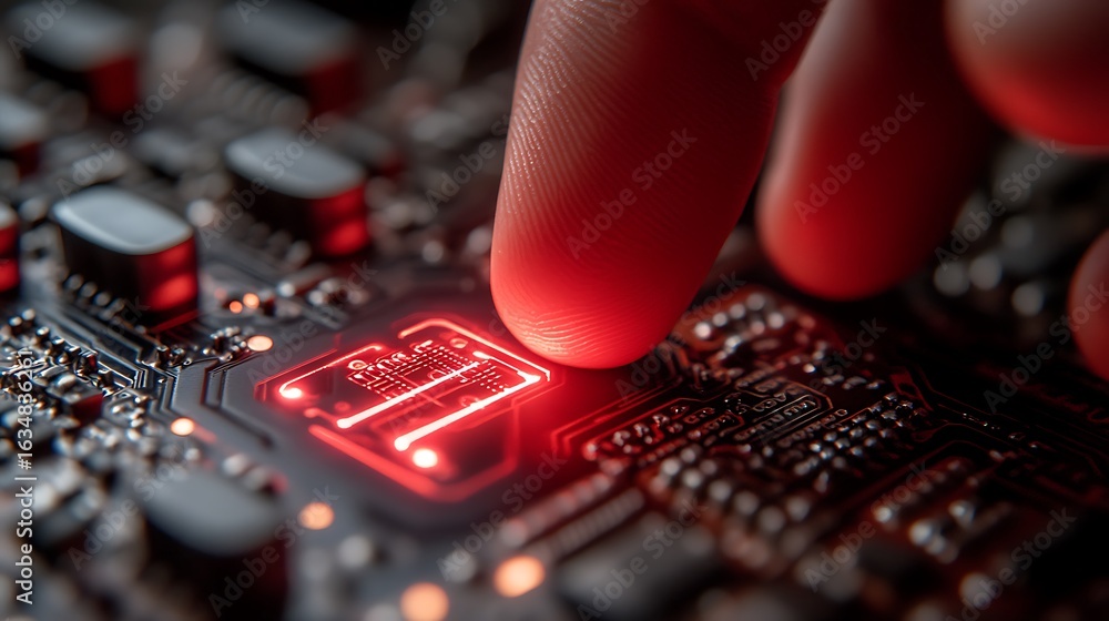 Poster close-up view of a fingertip touching a glowing circuit board.