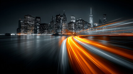 Obraz premium City lights and skyscrapers captured at high speed with motion blur, featuring glowing orange and yellow light trails that curve into the horizon at ...