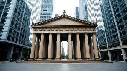 A grand ancient monument with classical columns stands in stark contrast to modern skyscrapers